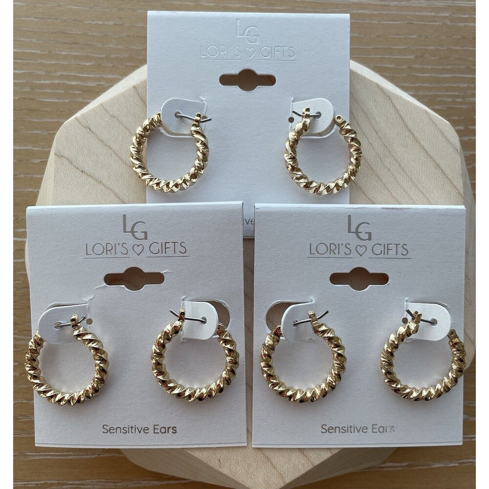 Lori’s Set Of Three Goldtone Twisted Hoop Earrings Sensitive Ears Stocking Gift